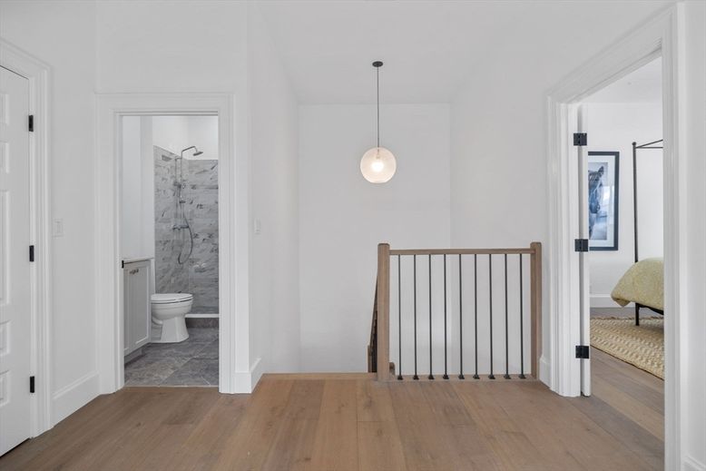 Bathroom, Interior, Marble Walls, Pendant Lights, Wood Texture Flooring
