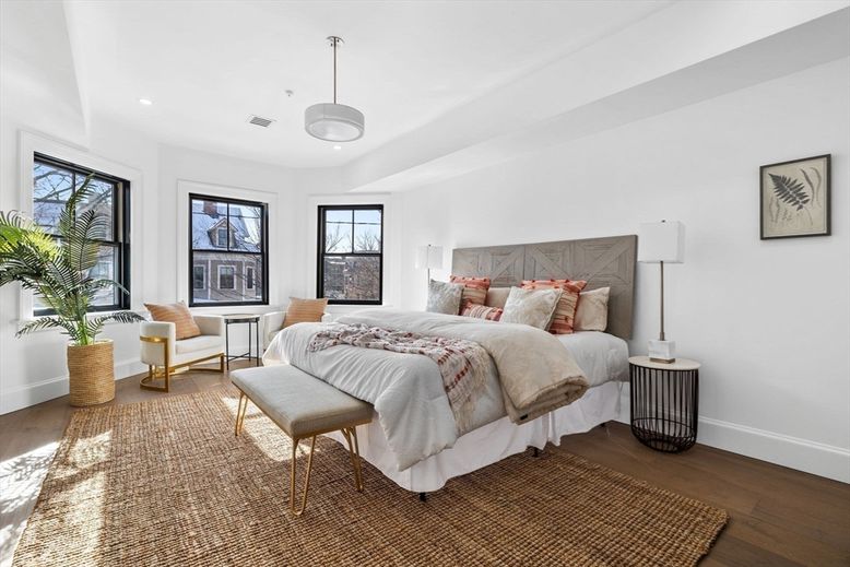 Bedroom, Interior, Pendant Lights, Recessed Lighting, Wood Texture Flooring