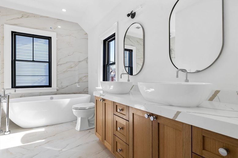 Bathroom, Dual Sink Vanities, Free Standing Baths, Interior, Marble, Marble Walls, Recessed Lighting