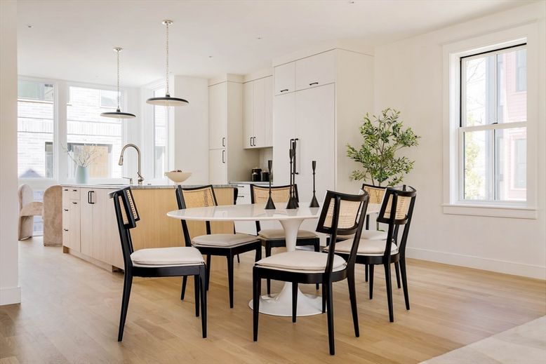 Dining room, Interior, Kitchen, Pendant Lights, Wood Texture Flooring