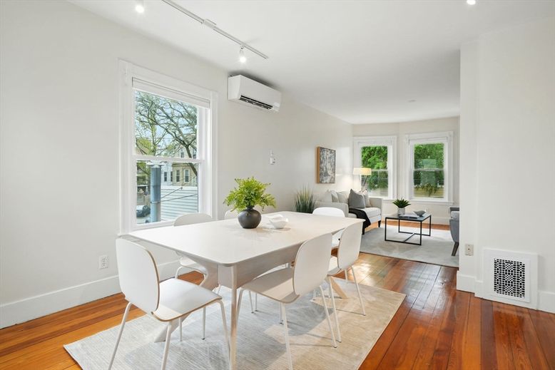 Dining room, Interior, Living room, Recessed Lighting, Wood Texture Flooring