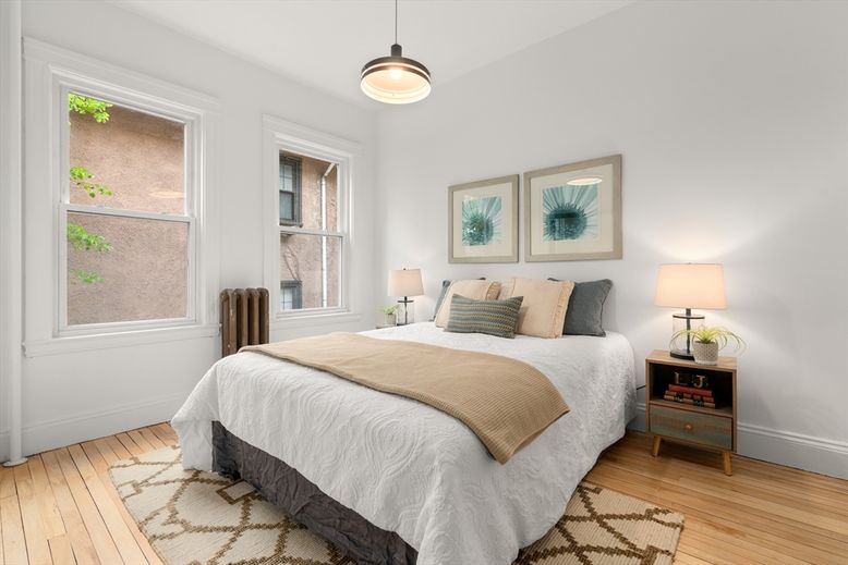 Bedroom, Interior, Pendant Lights, Wood Texture Flooring