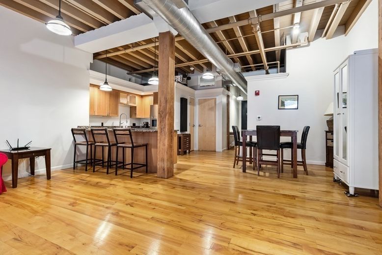 Dining room, Interior, Kitchen, Pendant Lights, Wooden Beams, Wood Texture Flooring