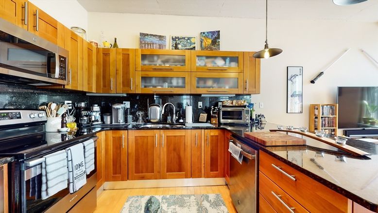 Interior, Kitchen, Pendant Lights, Stainless Steel Appliances, Wood Texture Flooring
