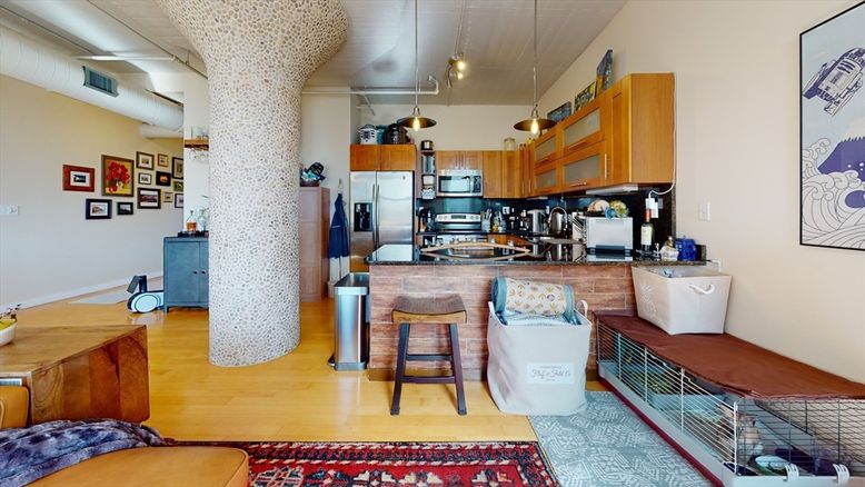 Interior, Kitchen, Pendant Lights, Stainless Steel Appliances, Wood Texture Flooring