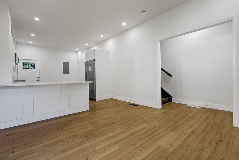 Empty room, Interior, Kitchen, Recessed Lighting, Wood Texture Flooring