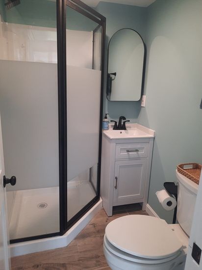 Bathroom, Glass Shower, Interior, Wood Texture Flooring