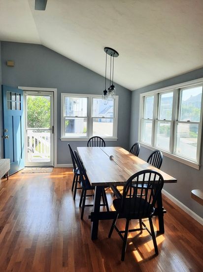 Dining room, Interior, Pendant Lights, Wood Texture Flooring