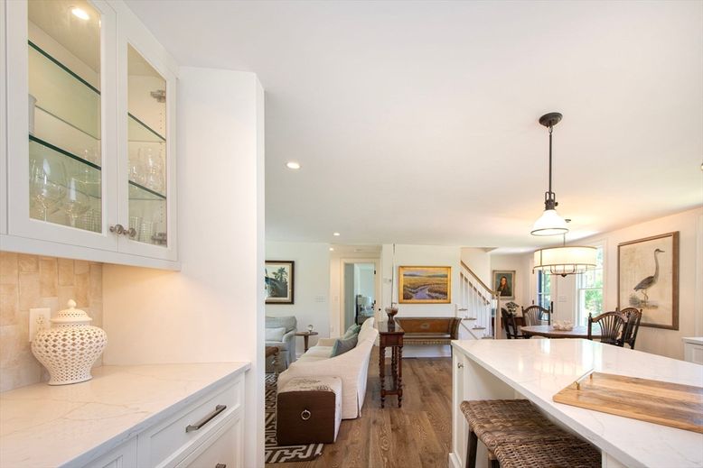 Dining room, Interior, Pendant Lights, Recessed Lighting, Wood Texture Flooring