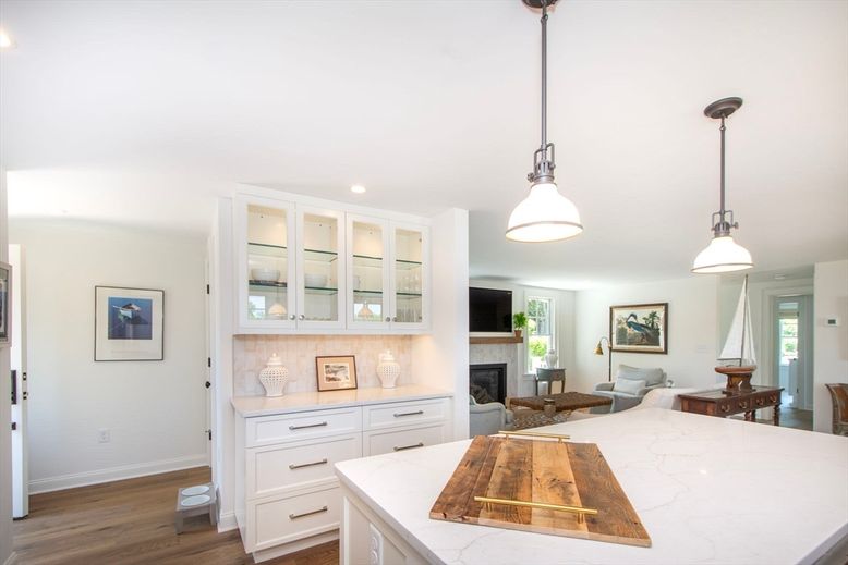 Fireplace, Interior, Kitchen, Living room, Pendant Lights, Recessed Lighting, Wood Texture Flooring
