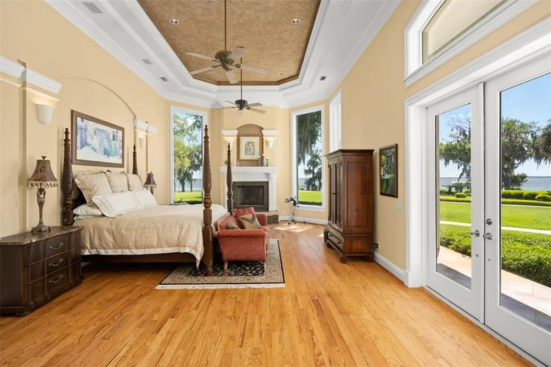Bedroom, Fireplace, Interior, Recessed Lighting, Wood Texture Flooring