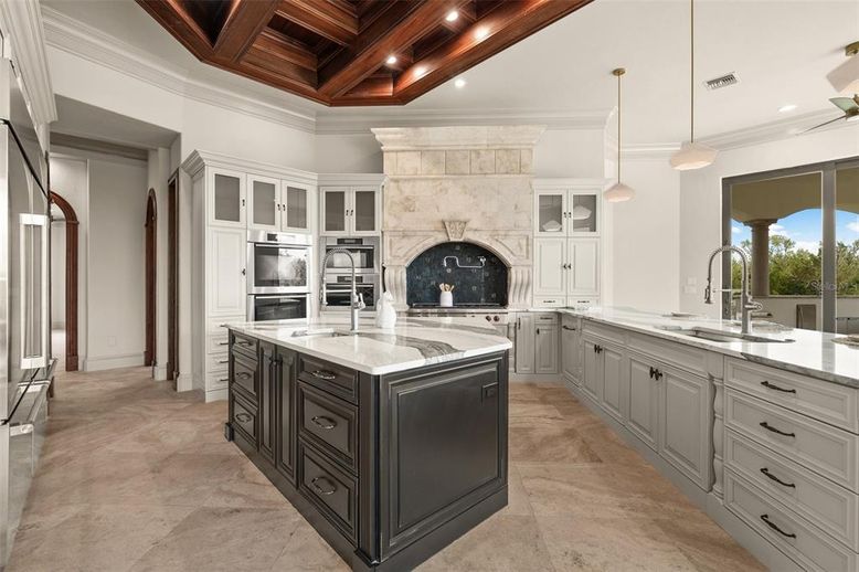 Fireplace, Interior, Kitchen, Pendant Lights, Recessed Lighting, Stainless Steel Appliances, Wooden Beams, Wooden Ceilings