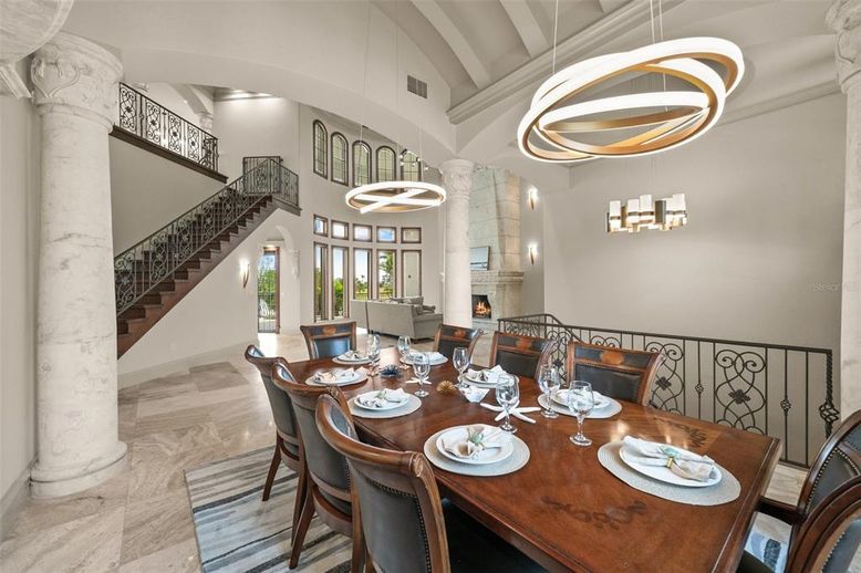 Dining room, Fireplace, Interior, Pendant Lights