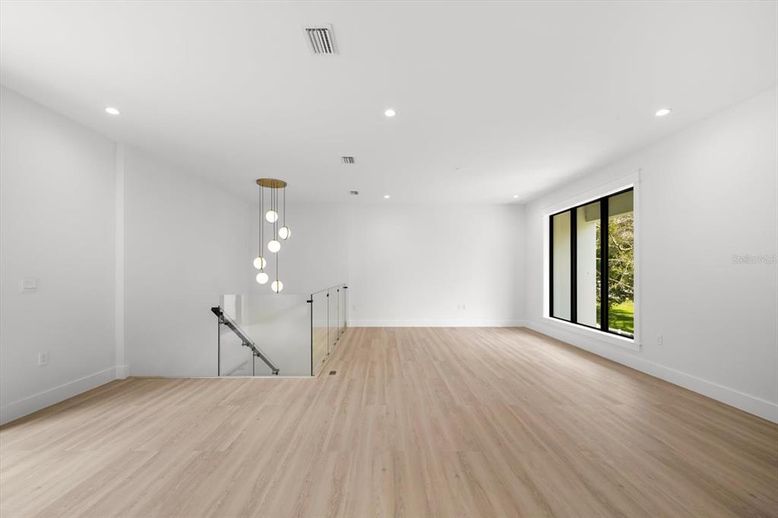 Empty room, Interior, Pendant Lights, Recessed Lighting, Wood Texture Flooring