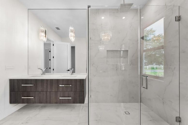 Bathroom, Dual Sink Vanities, Glass Shower, Interior, Marble, Marble Walls