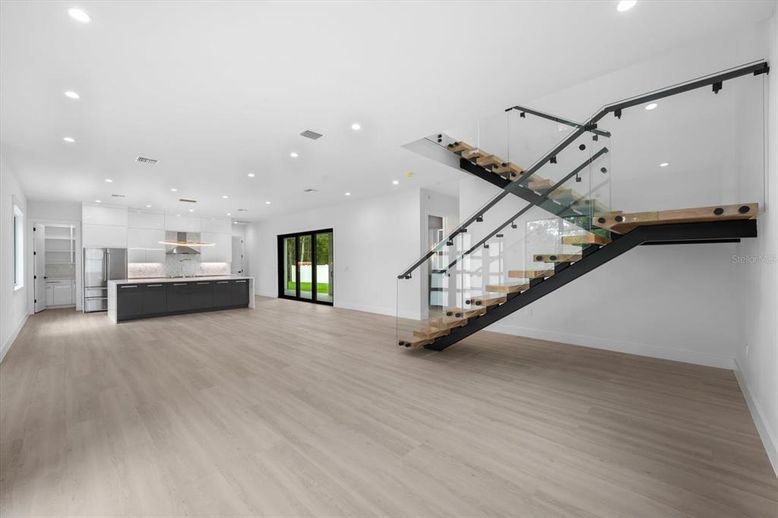 Interior, Kitchen, Recessed Lighting, Stainless Steel Appliances, Wood Texture Flooring