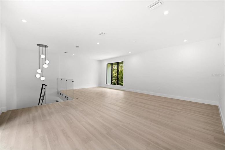 Empty room, Interior, Pendant Lights, Recessed Lighting, Wood Texture Flooring