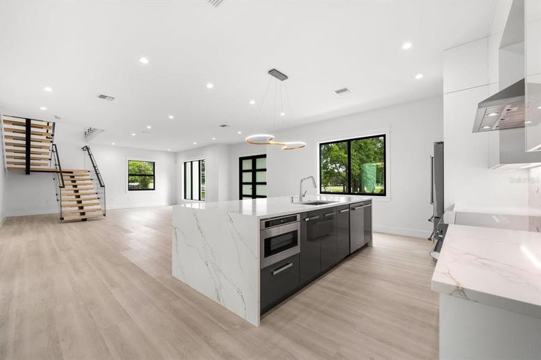 Interior, Kitchen, Pendant Lights, Recessed Lighting, Wood Texture Flooring