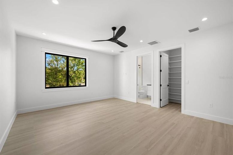Bathroom, Empty room, Interior, Recessed Lighting, Wood Texture Flooring