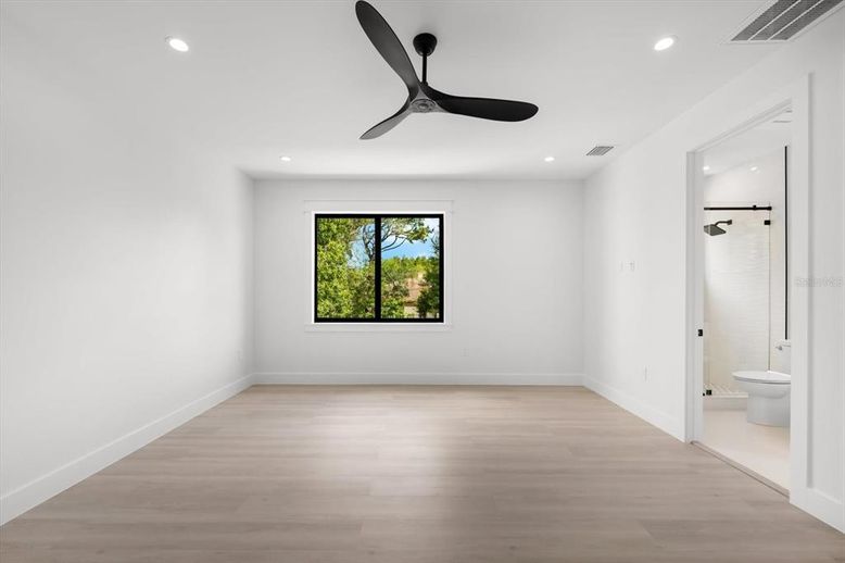 Bathroom, Empty room, Interior, Recessed Lighting, Wood Texture Flooring
