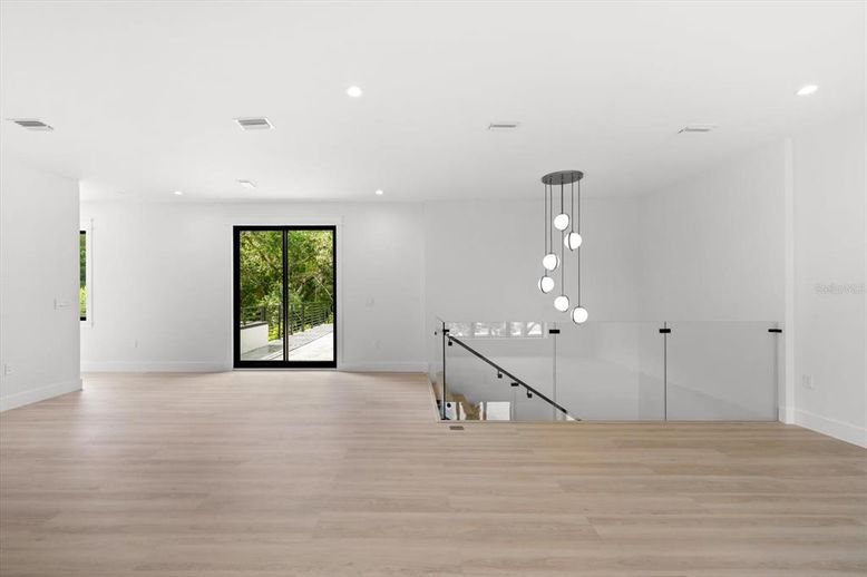 Empty room, Interior, Pendant Lights, Recessed Lighting, Wood Texture Flooring