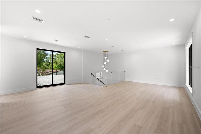 Empty room, Interior, Pendant Lights, Recessed Lighting, Wood Texture Flooring
