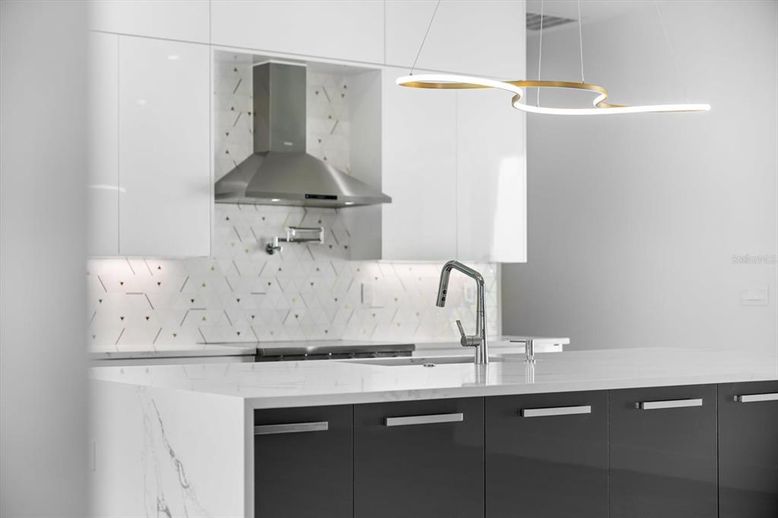 Interior, Kitchen, Marble Walls, Pendant Lights
