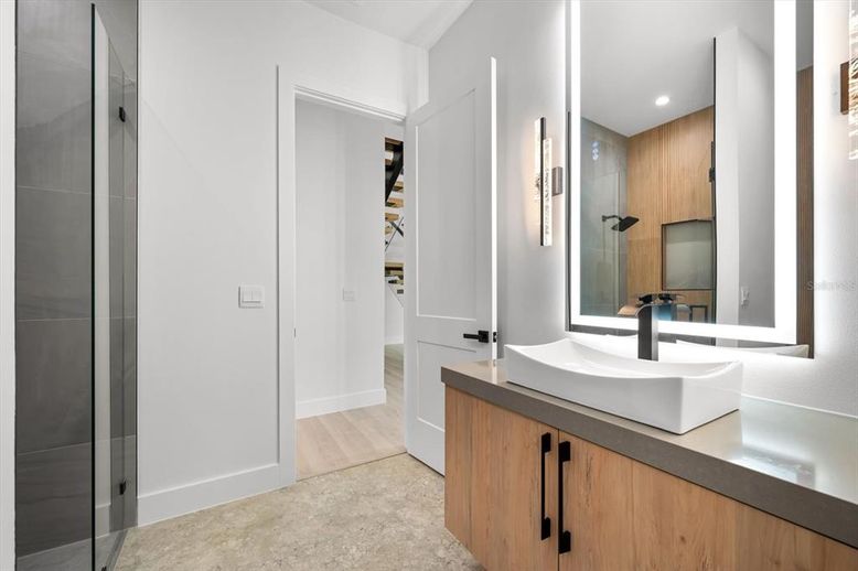 Bathroom, Glass Shower, Interior, Recessed Lighting, Wood Texture Flooring