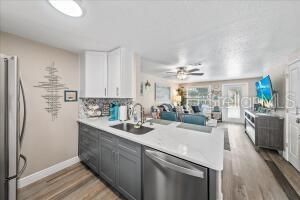Interior, Kitchen, Living room, Recessed Lighting, Stainless Steel Appliances, Wood Texture Flooring