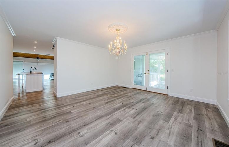 Chandelier, Empty room, Interior, Recessed Lighting, Wood Texture Flooring