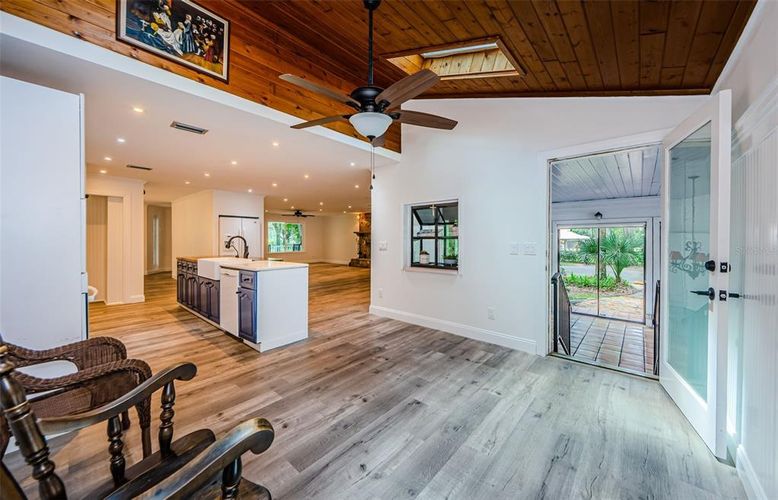 Interior, Kitchen, Recessed Lighting, Wooden Ceilings, Wood Texture Flooring