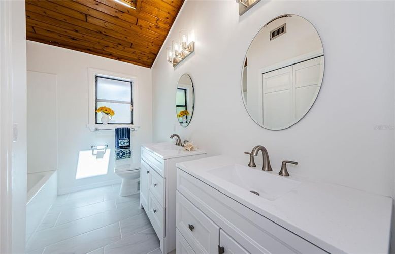 Bathroom, Dual Sink Vanities, Interior, Wooden Ceilings