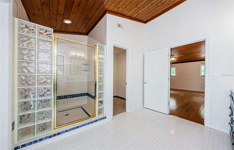 Bathroom, Glass Shower, Interior, Recessed Lighting, Wooden Ceilings, Wood Texture Flooring
