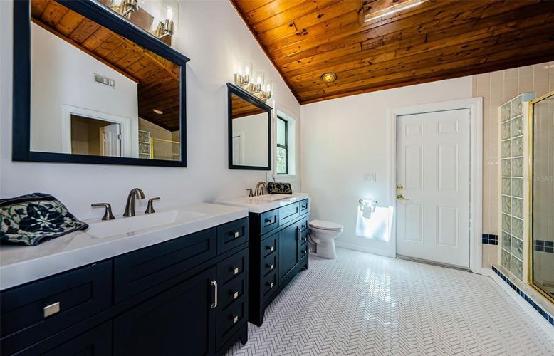 Bathroom, Dual Sink Vanities, Interior, Tile Countertops, Wooden Ceilings