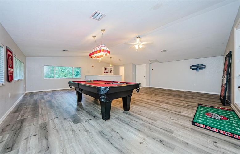 Billiard Table, Game Room, Interior, Pendant Lights, Wood Texture Flooring