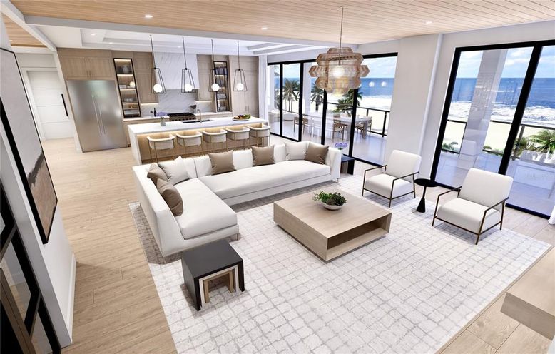 Interior, Kitchen, Living room, Pendant Lights, Recessed Lighting, Stainless Steel Appliances, Wooden Ceilings, Wood Texture Flooring