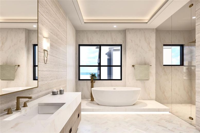 Bathroom, Dual Sink Vanities, Free Standing Baths, Glass Shower, Interior, Marble, Marble Walls, Recessed Lighting