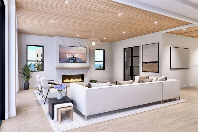 Fireplace, Interior, Living room, Pendant Lights, Recessed Lighting, Wooden Ceilings, Wood Texture Flooring