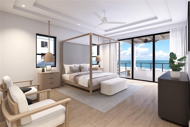 Bedroom, Interior, Pendant Lights, Recessed Lighting, Water, Wood Texture Flooring