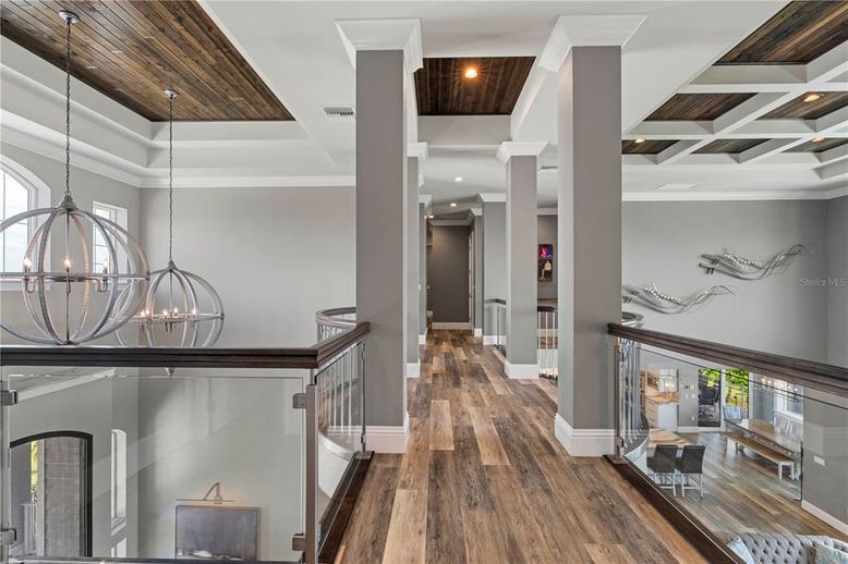 Chandelier, Interior, Pendant Lights, Recessed Lighting, Wooden Ceilings, Wood Texture Flooring