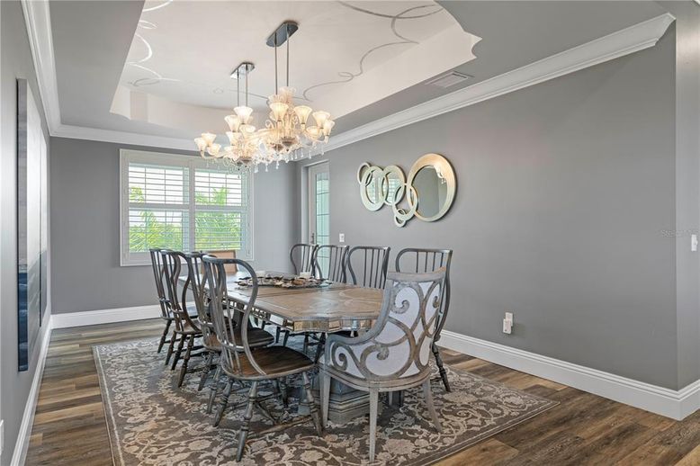 Chandelier, Dining room, Interior, Wood Texture Flooring