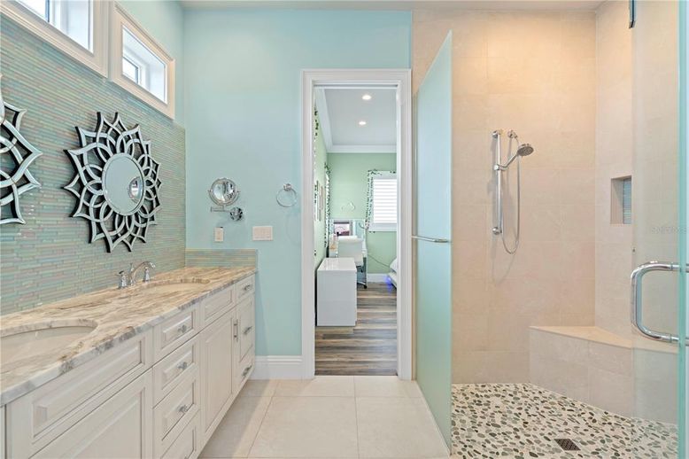 Bathroom, Dual Sink Vanities, Interior, Recessed Lighting, Wood Texture Flooring