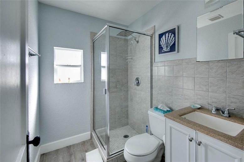 Bathroom, Glass Shower, Interior, Wood Texture Flooring