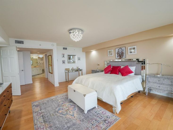 Bedroom, Chandelier, Interior, Recessed Lighting, Wood Texture Flooring