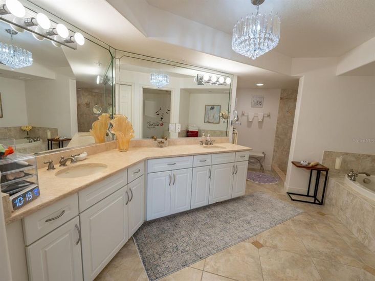 Bathroom, Chandelier, Dual Sink Vanities, Interior, Recessed Lighting