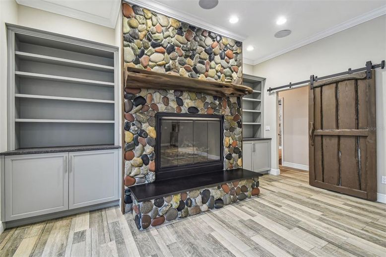 Fireplace, Interior, Recessed Lighting, Wood Texture Flooring
