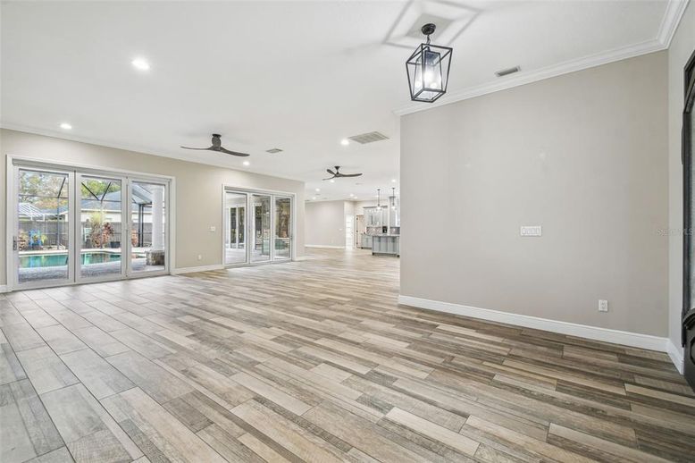 Empty room, Interior, Pendant Lights, Recessed Lighting, Wood Texture Flooring