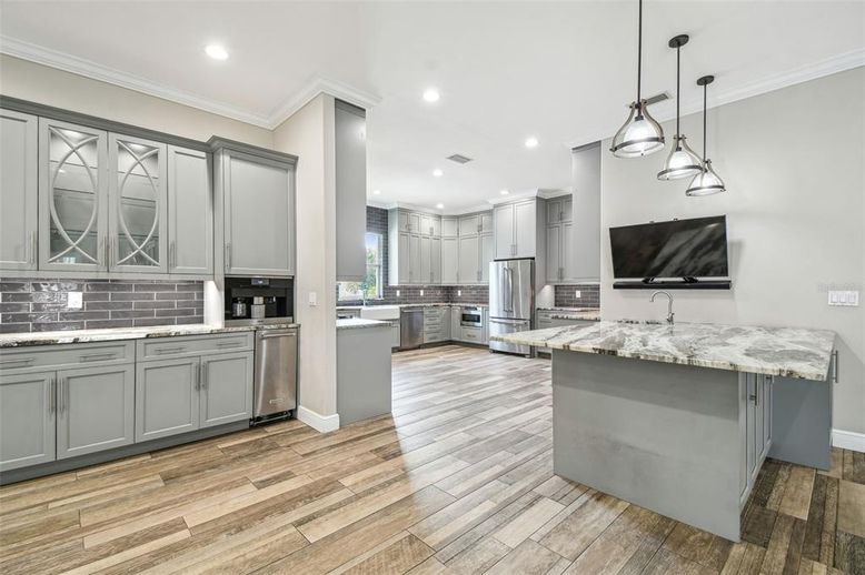 Interior, Kitchen, Pendant Lights, Recessed Lighting, Stainless Steel Appliances, Wood Texture Flooring