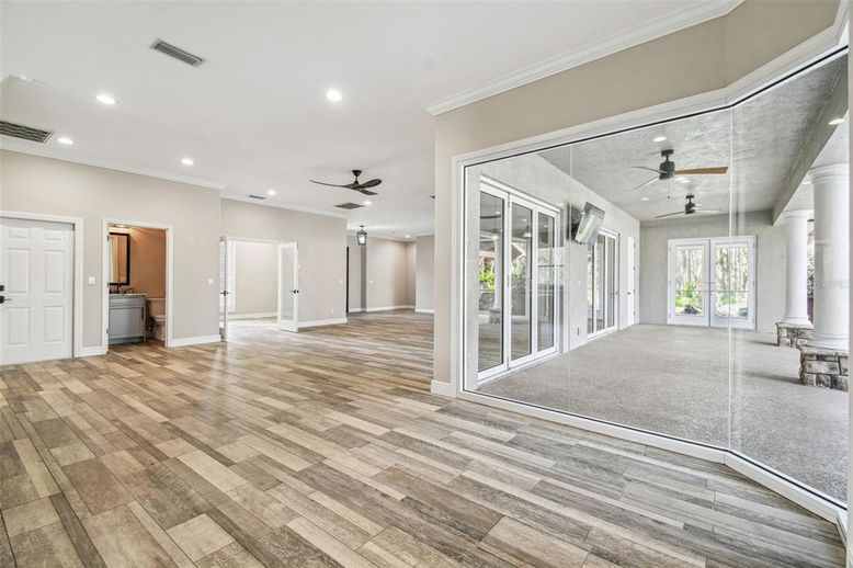 Empty room, Interior, Recessed Lighting, Wood Texture Flooring