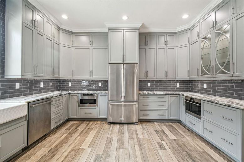 Interior, Kitchen, Recessed Lighting, Stainless Steel Appliances, Wood Texture Flooring